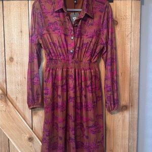Women's tan and Magenta Printed Long Sleeve Shirt Dress